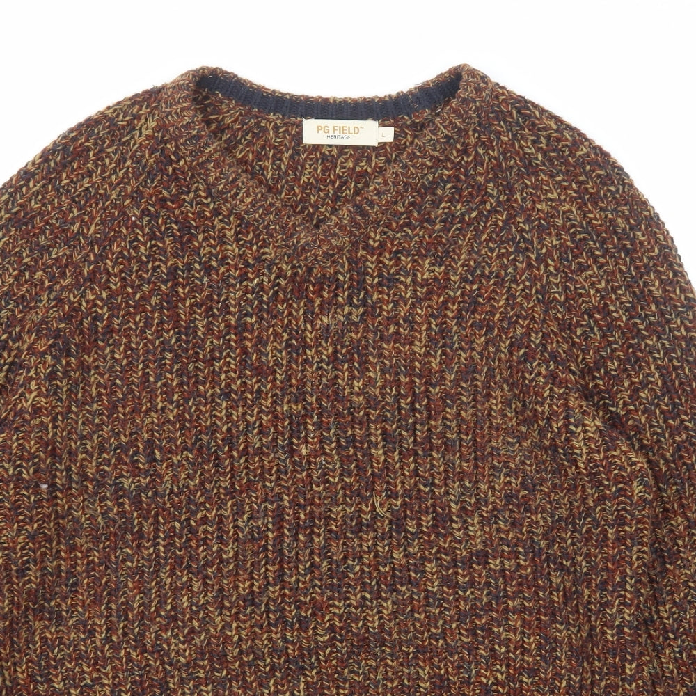 PG Field Mens Multicoloured V-Neck Acrylic Pullover Jumper Size L Long Sleeve
