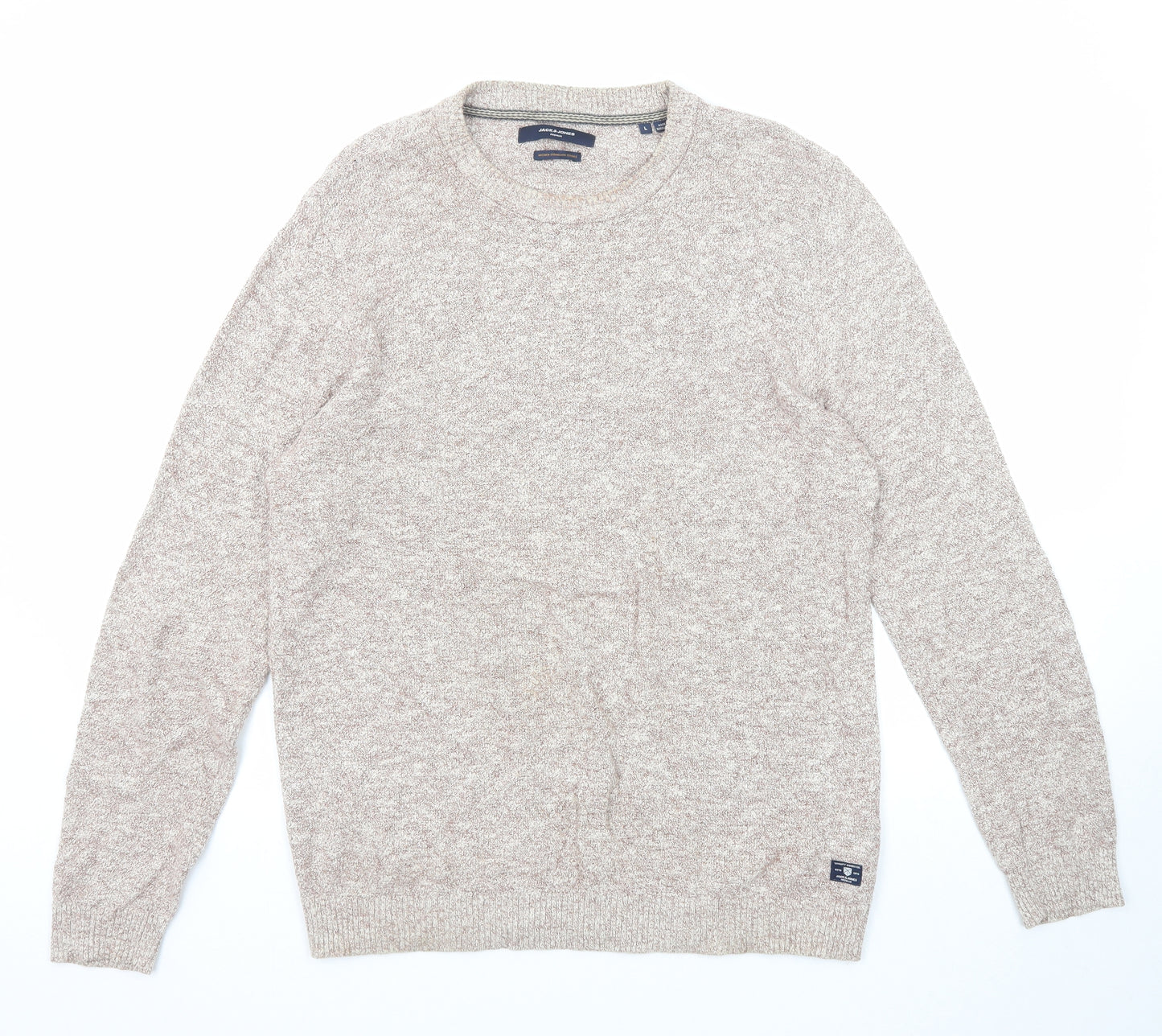 JACK & JONES Mens Beige Crew Neck Cotton Pullover Jumper Size L Long Sleeve
