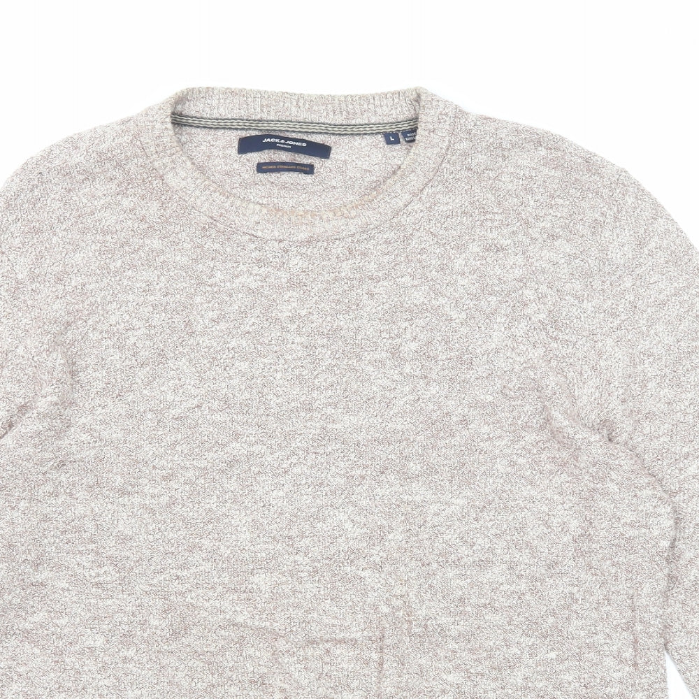 JACK & JONES Mens Beige Crew Neck Cotton Pullover Jumper Size L Long Sleeve