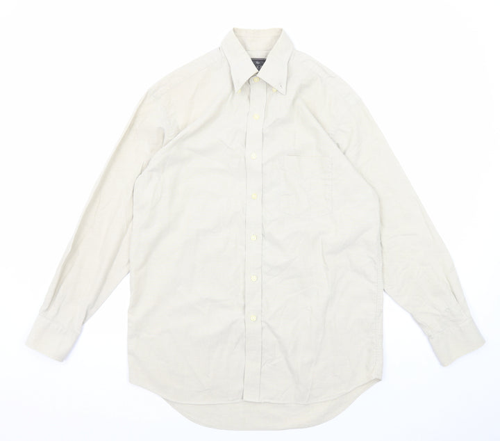 The Savile Row Mens Beige Cotton Button-Up Size 15.5 Collared Button