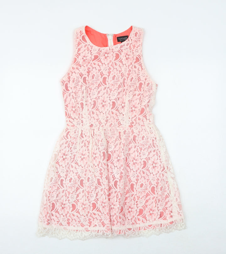 Topshop Womens White Cotton Fit & Flare Size 8 Boat Neck Zip