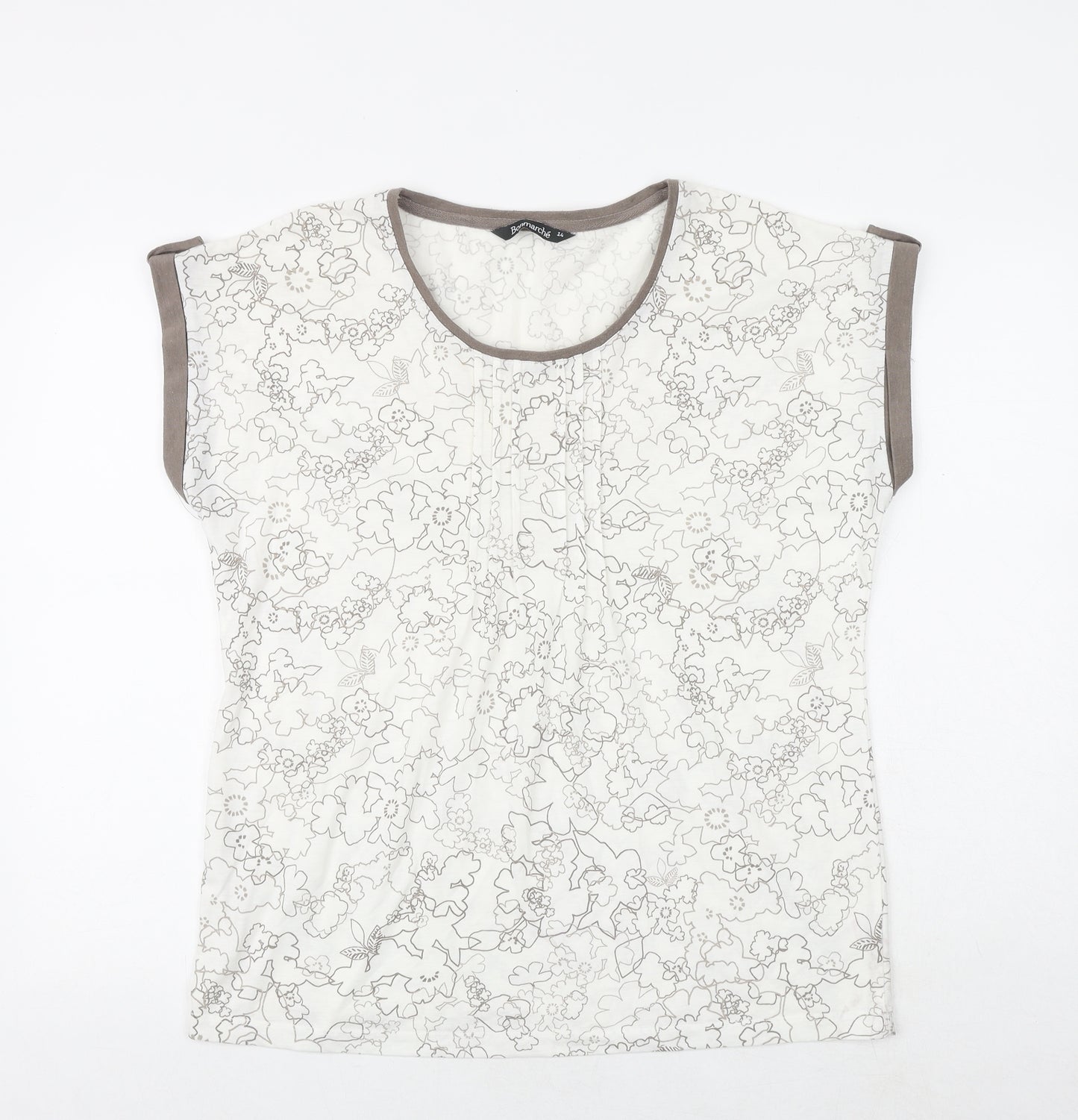 Bonmarché Womens White Geometric Polyester Basic T-Shirt Size 14 Round Neck
