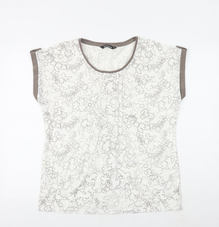 Bonmarché Womens White Geometric Polyester Basic T-Shirt Size 14 Round Neck