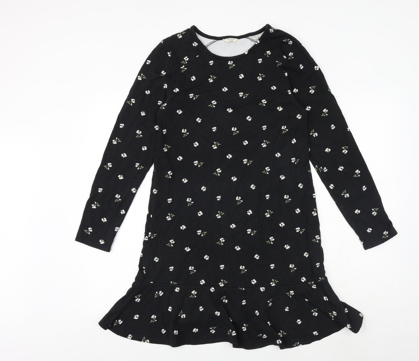Jack Wills Womens Black Floral Polyester T-Shirt Dress Size 10 Boat Neck Pullover