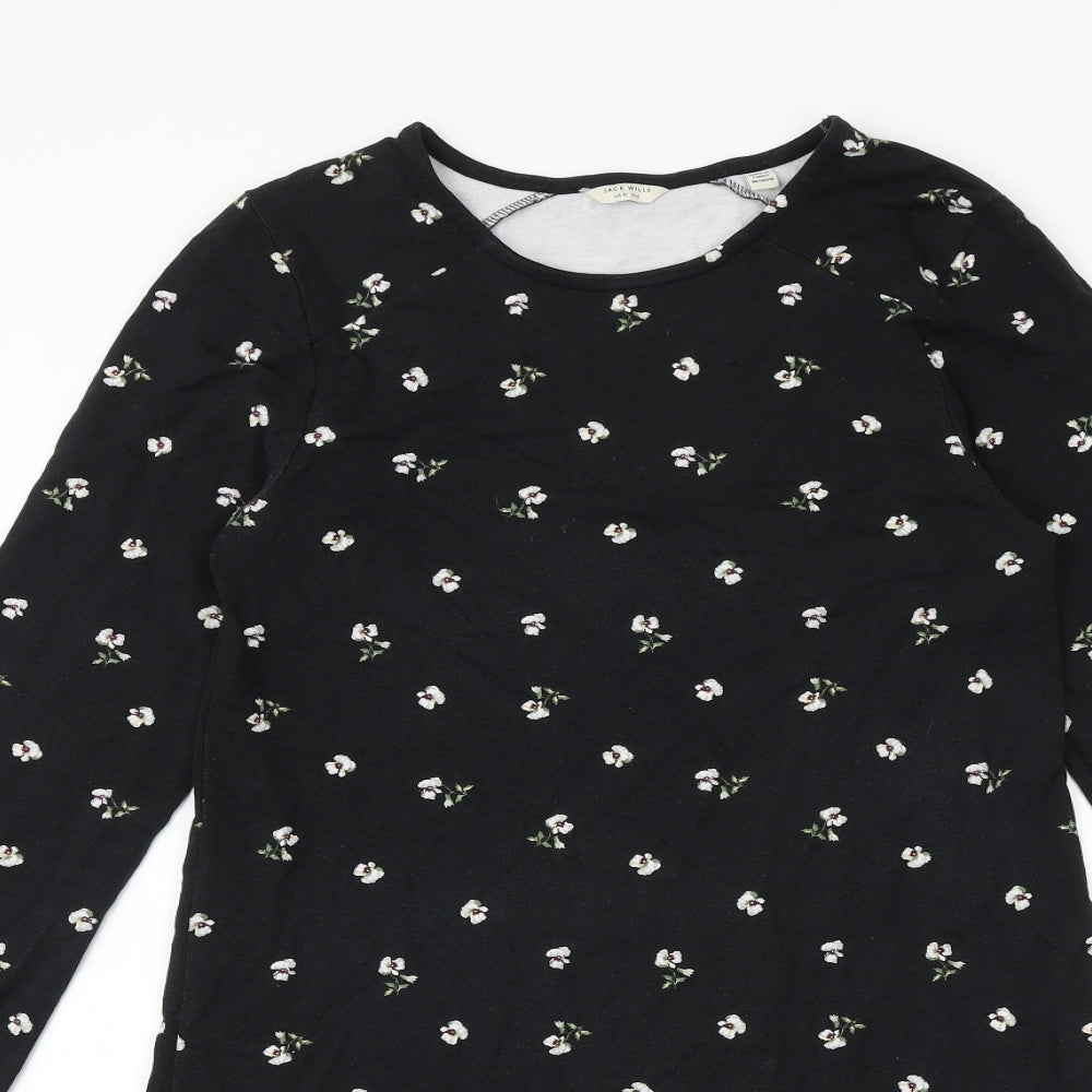 Jack Wills Womens Black Floral Polyester T-Shirt Dress Size 10 Boat Neck Pullover