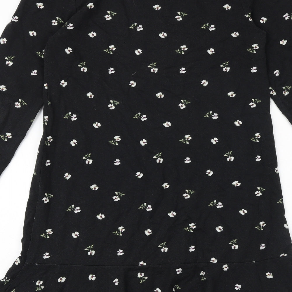 Jack Wills Womens Black Floral Polyester T-Shirt Dress Size 10 Boat Neck Pullover