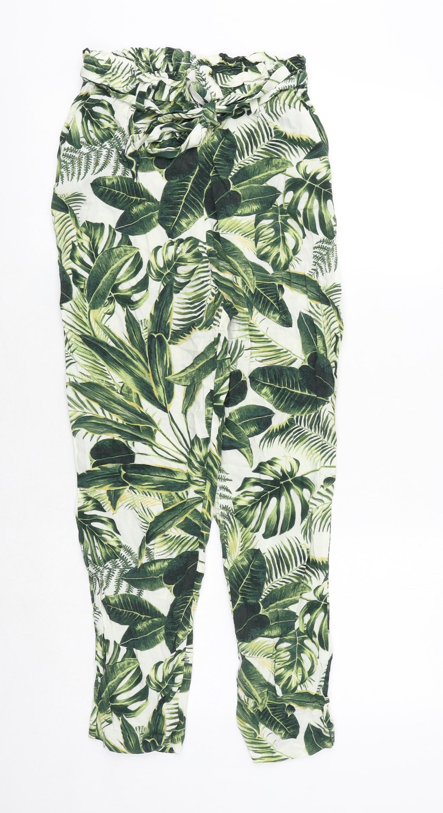 H&M Womens Green Geometric Viscose Trousers Size 8 Regular Tie