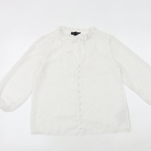 New Look Womens White Polka Dot Polyester Basic Button-Up Size 6 Round Neck