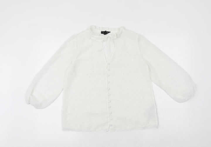 New Look Womens White Polka Dot Polyester Basic Button-Up Size 6 Round Neck