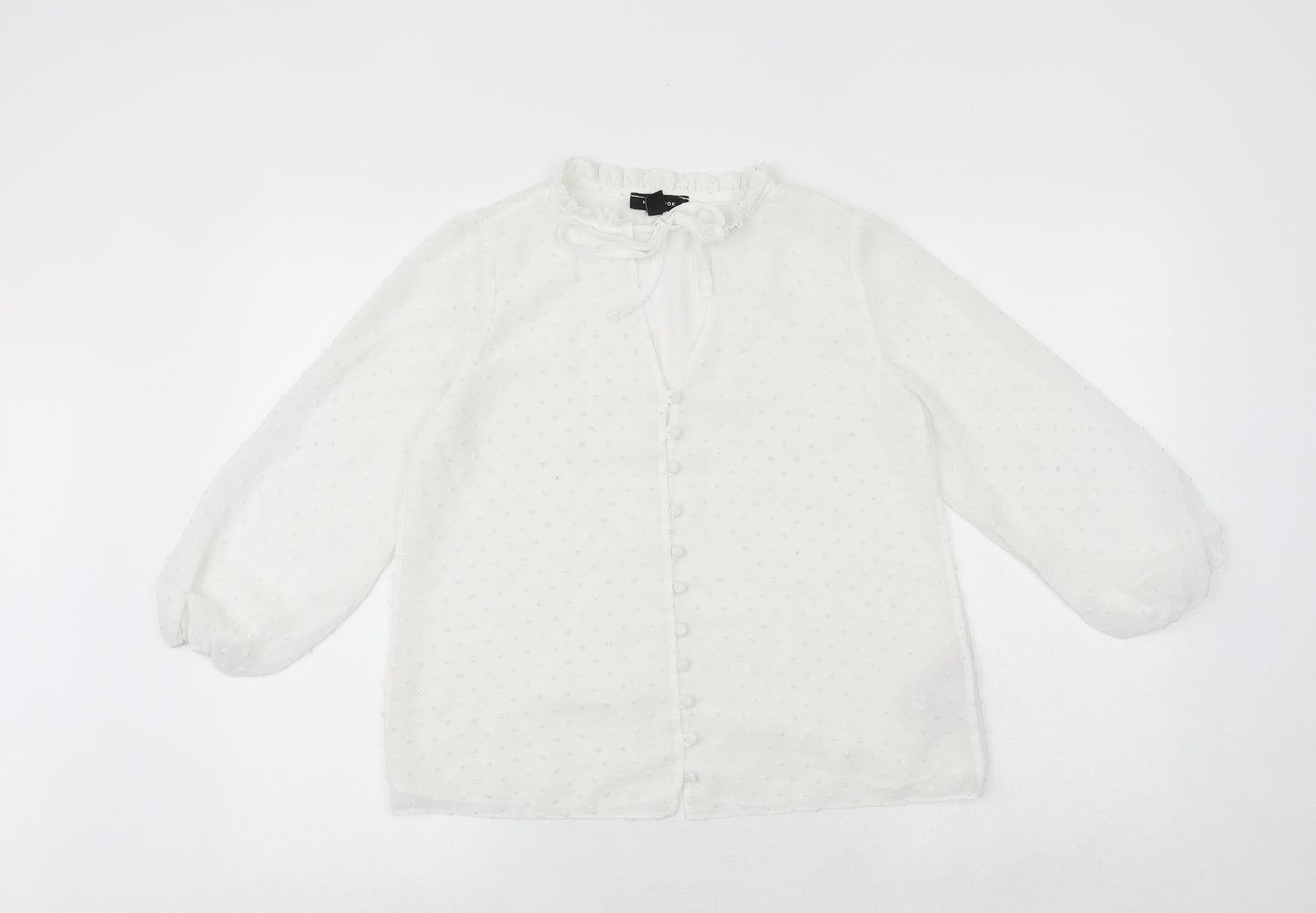 New Look Womens White Polka Dot Polyester Basic Button-Up Size 6 Round Neck