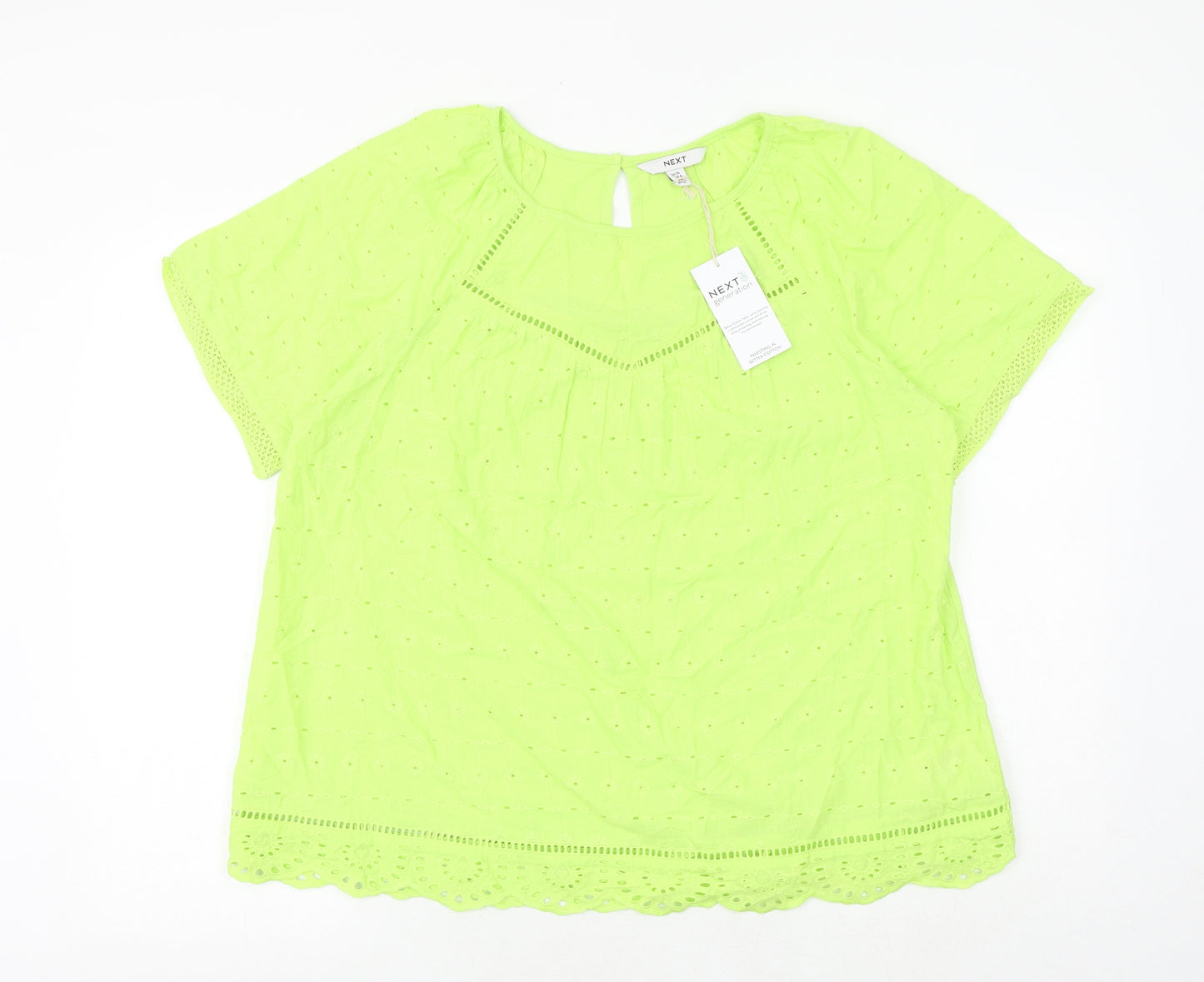 NEXT Womens Green 100% Cotton Basic Blouse Size 16 Round Neck - Broderie Anglaise
