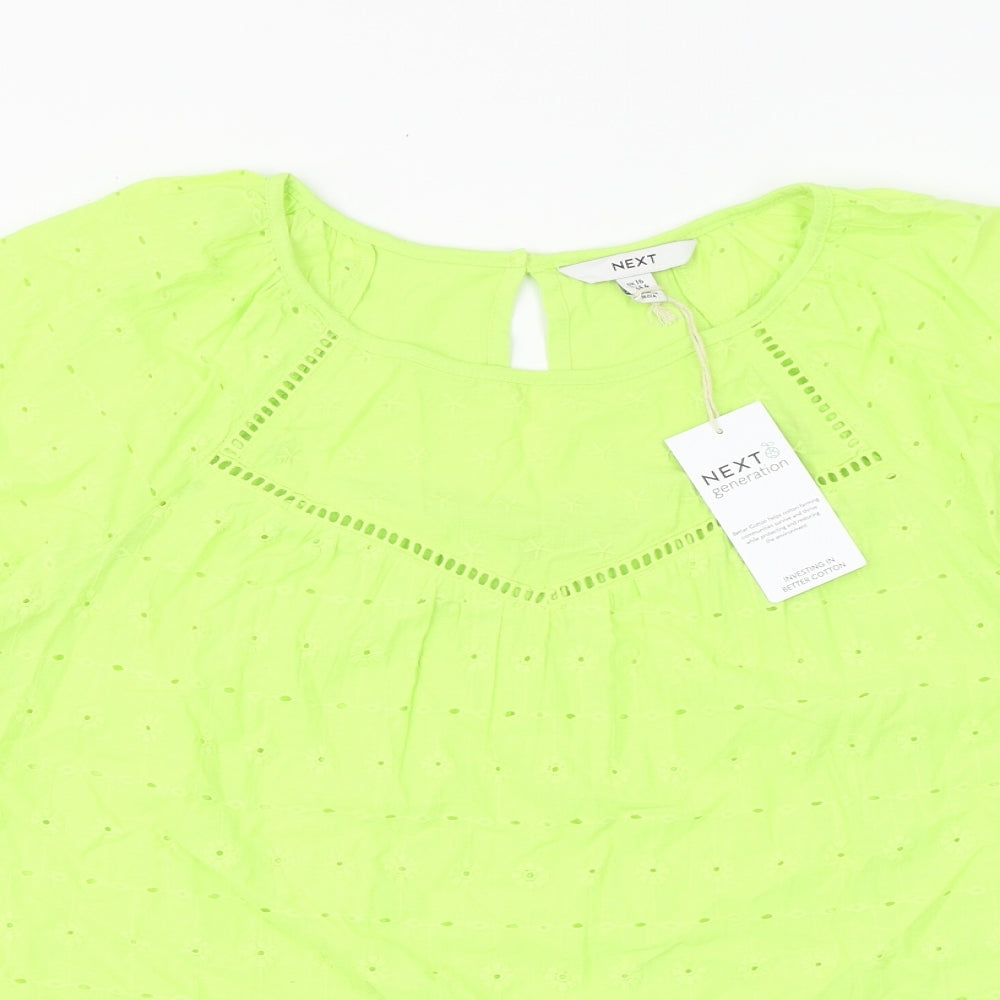 NEXT Womens Green 100% Cotton Basic Blouse Size 16 Round Neck - Broderie Anglaise