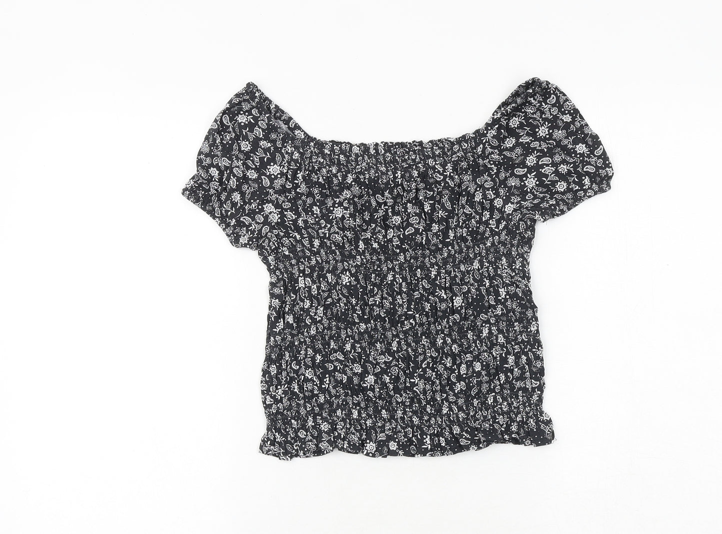 Marks and Spencer Girls Black Viscose Basic Blouse Size 8-9 Years Off the Shoulder Pullover