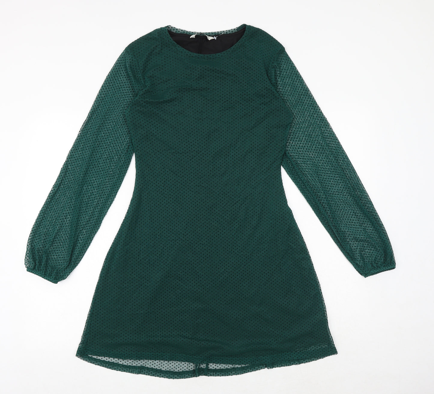 Stradivarius Womens Green Polka Dot Polyester Skater Dress Size L Round Neck Pullover