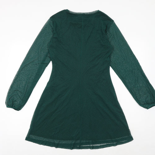 Stradivarius Womens Green Polka Dot Polyester Skater Dress Size L Round Neck Pullover