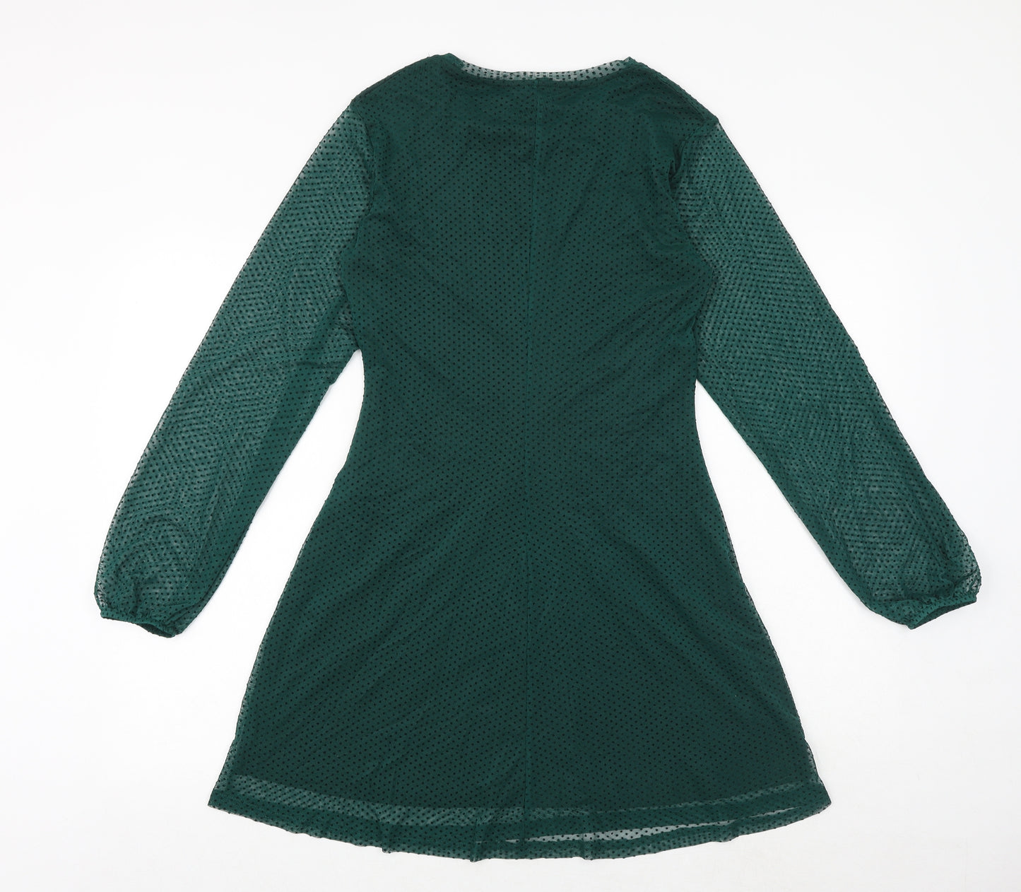 Stradivarius Womens Green Polka Dot Polyester Skater Dress Size L Round Neck Pullover