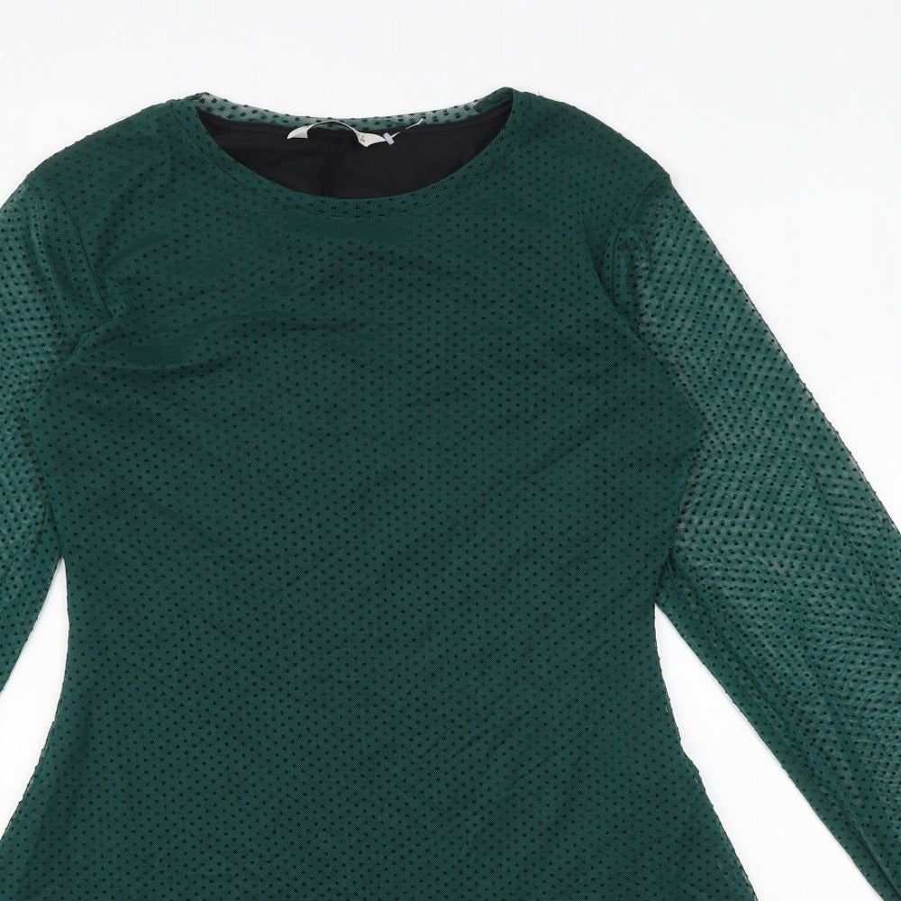 Stradivarius Womens Green Polka Dot Polyester Skater Dress Size L Round Neck Pullover