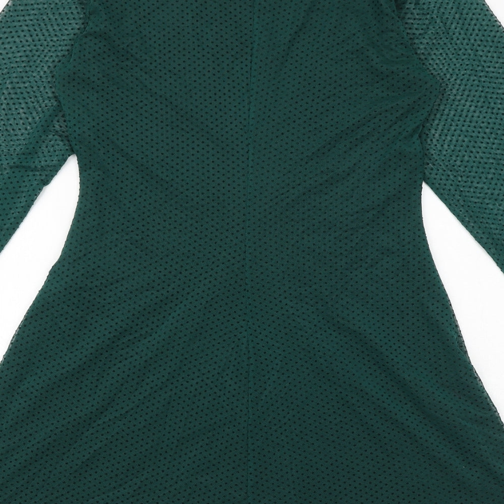 Stradivarius Womens Green Polka Dot Polyester Skater Dress Size L Round Neck Pullover