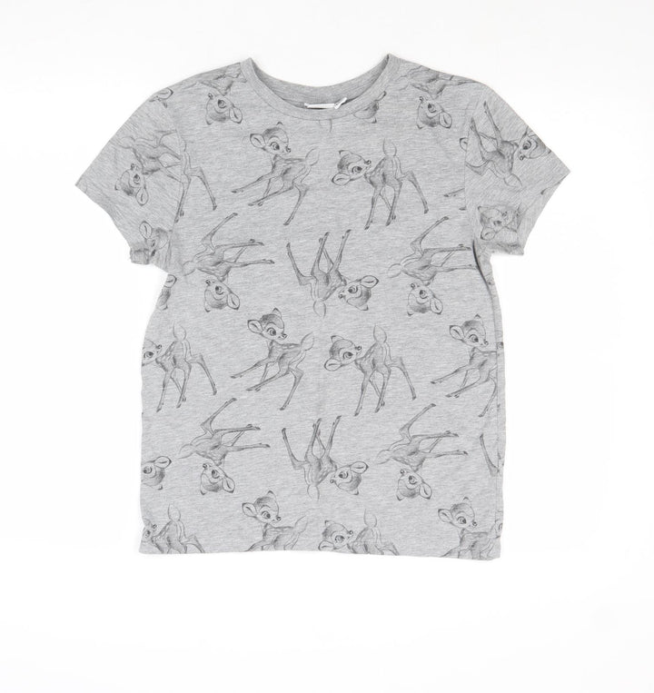 Disney Womens Grey Geometric Polyester Basic T-Shirt Size 10 Round Neck - Bambi
