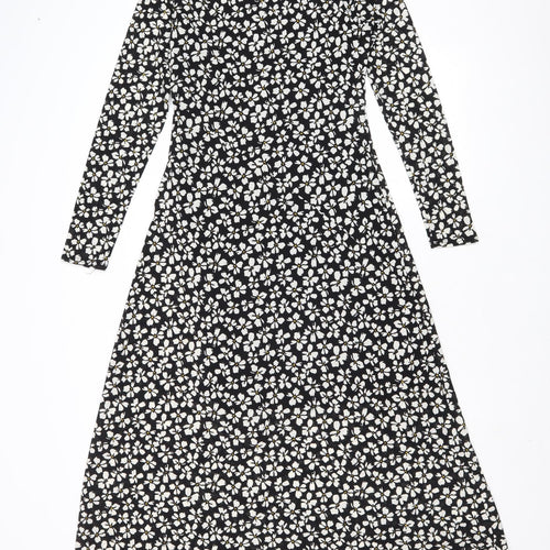 M&Co Womens Black Floral Polyester Trapeze & Swing Size 10 Round Neck Pullover