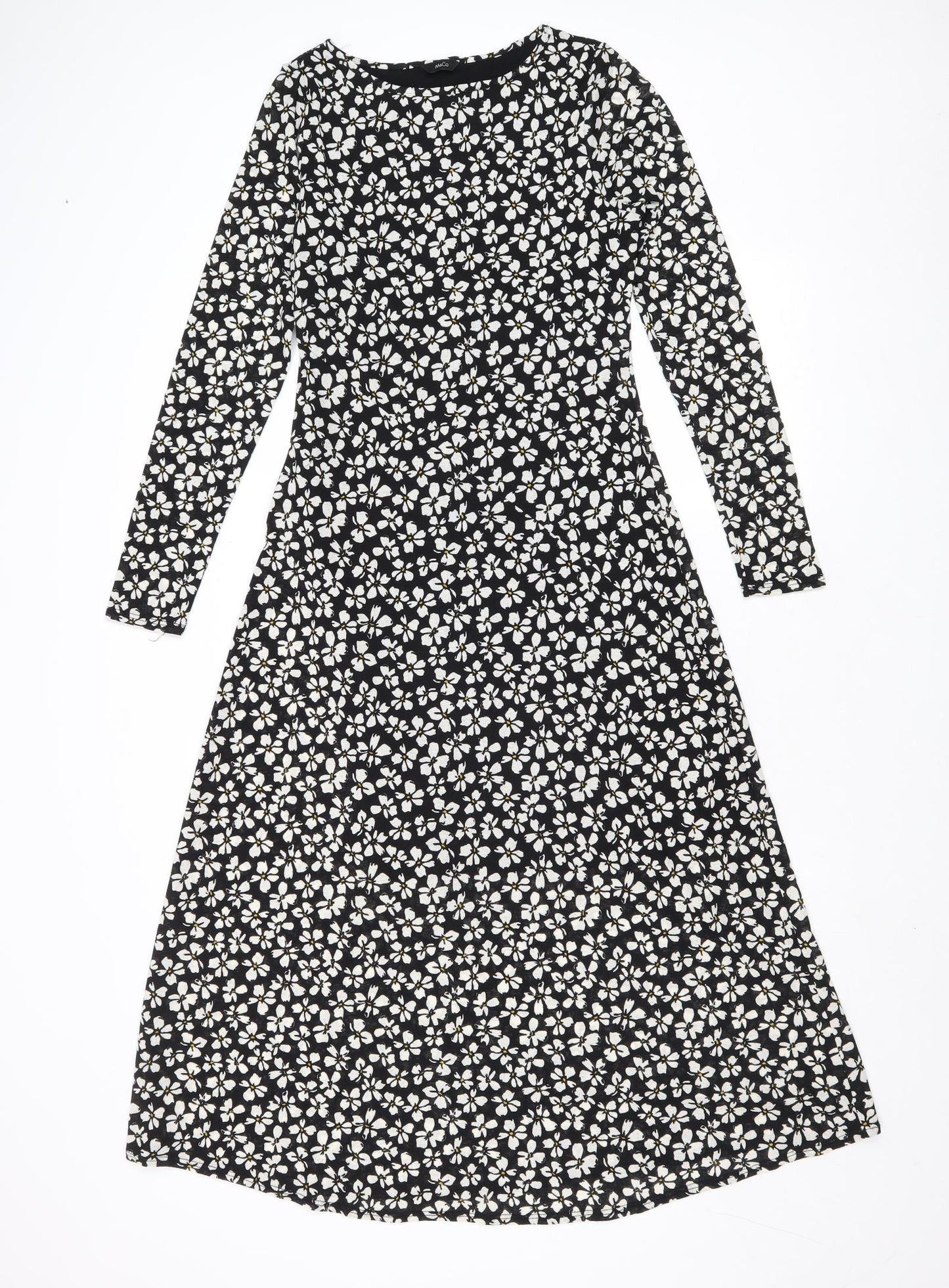 M&Co Womens Black Floral Polyester Trapeze & Swing Size 10 Round Neck Pullover