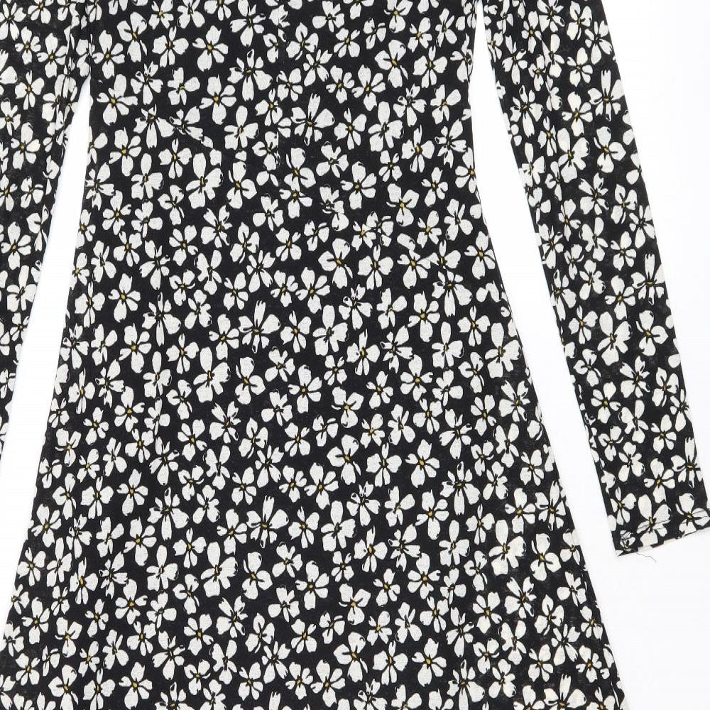 M&Co Womens Black Floral Polyester Trapeze & Swing Size 10 Round Neck Pullover