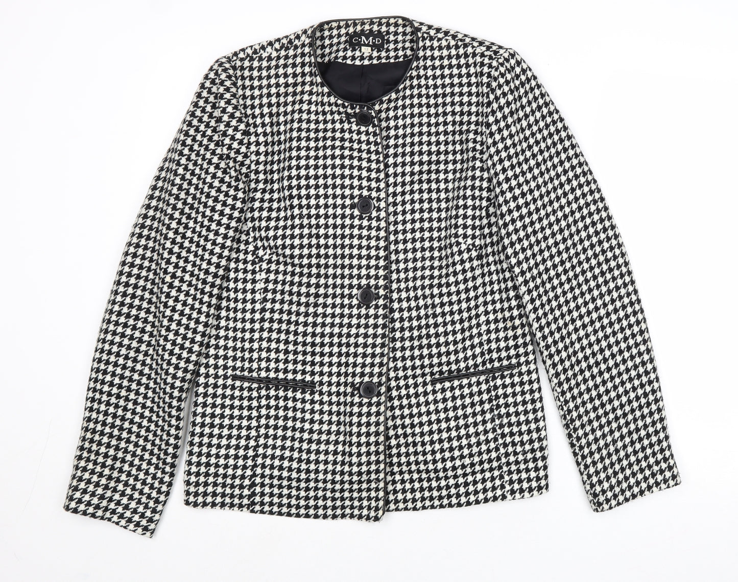 C.M.D Womens Black Geometric Jacket Blazer Size 12 Button