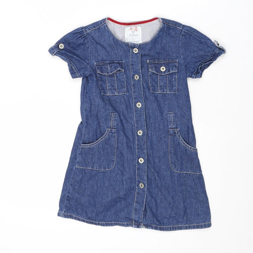 Debenhams Girls Blue Cotton A-Line Size 6 Years Boat Neck Button