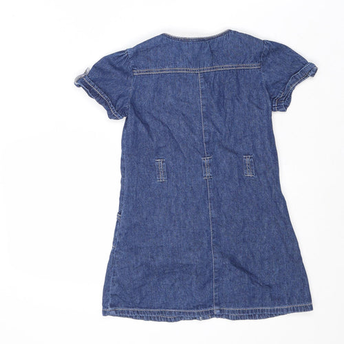 Debenhams Girls Blue Cotton A-Line Size 6 Years Boat Neck Button