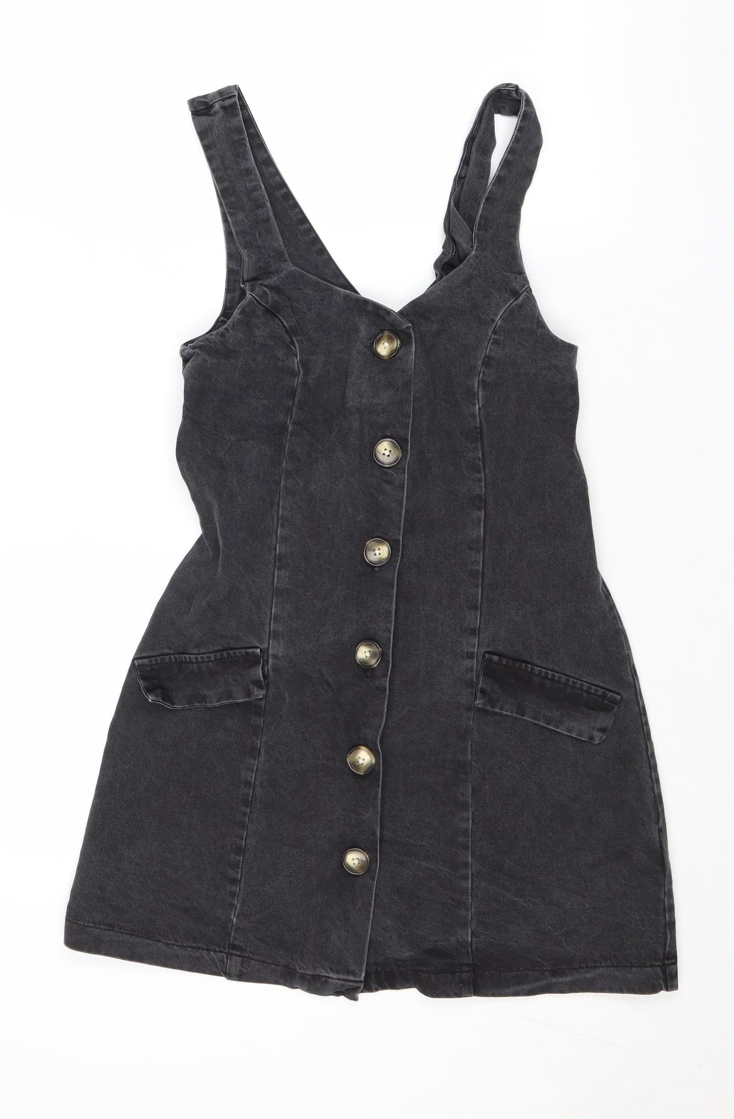 ASOS Womens Grey Cotton Pinafore/Dungaree Dress Size 8 V-Neck Button