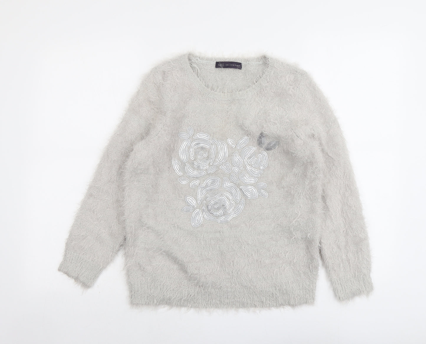 Marks and Spencer Womens Grey Round Neck Polyamide Pullover Jumper Size 10 - Flower