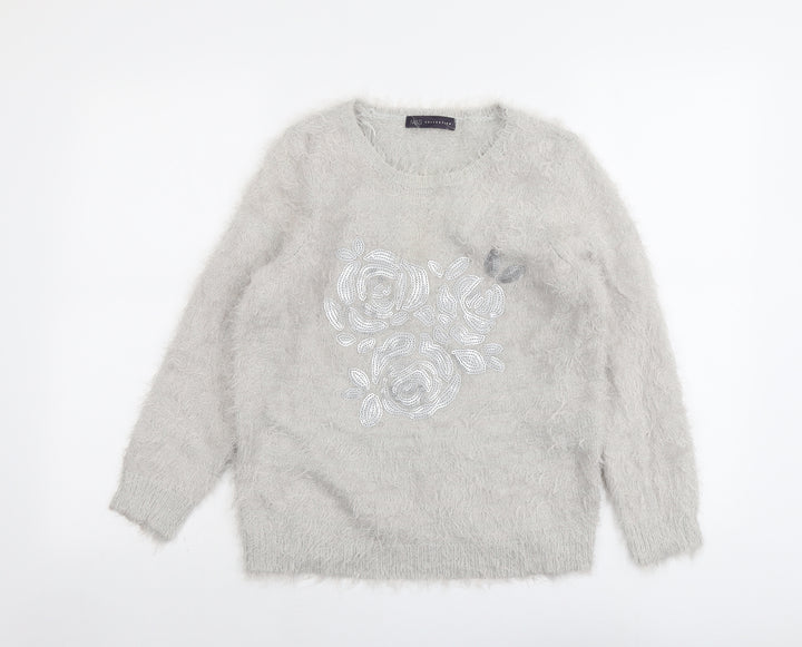 Marks and Spencer Womens Grey Round Neck Polyamide Pullover Jumper Size 10 - Flower