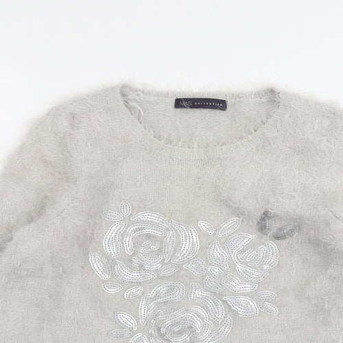 Marks and Spencer Womens Grey Round Neck Polyamide Pullover Jumper Size 10 - Flower