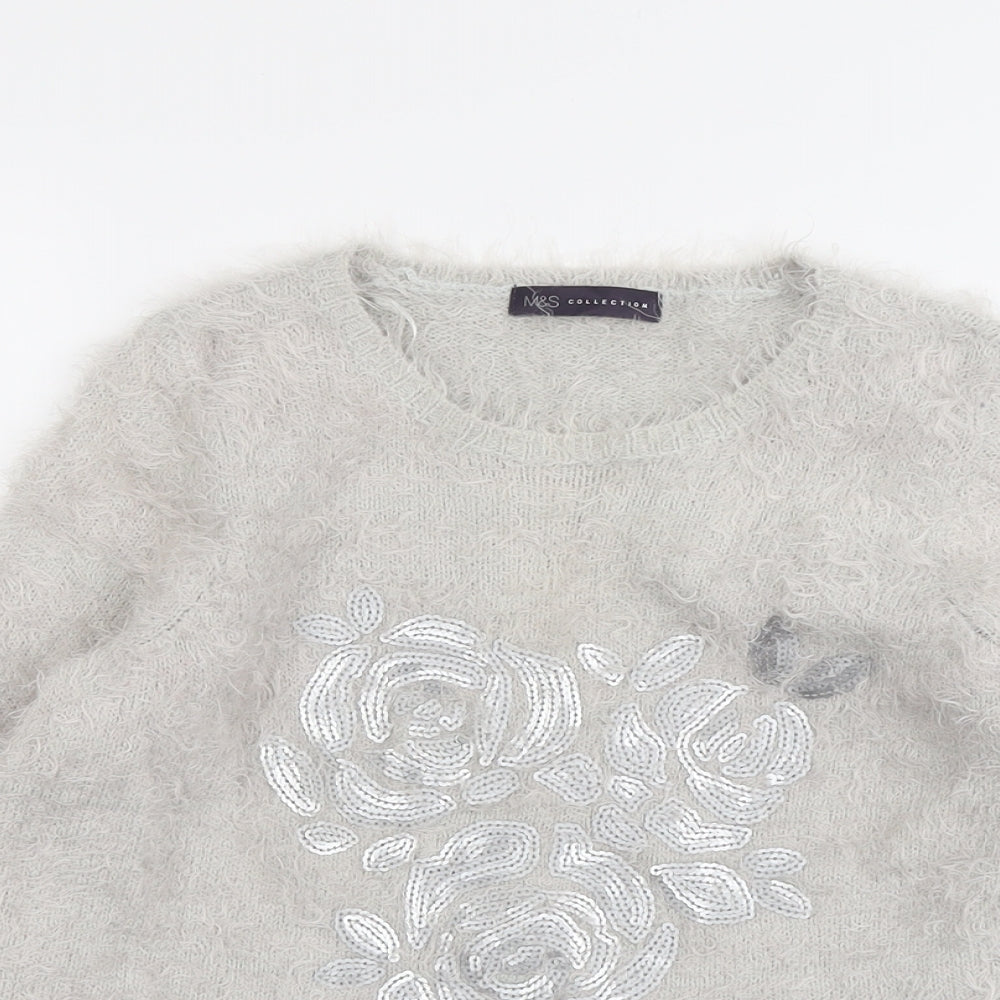 Marks and Spencer Womens Grey Round Neck Polyamide Pullover Jumper Size 10 - Flower