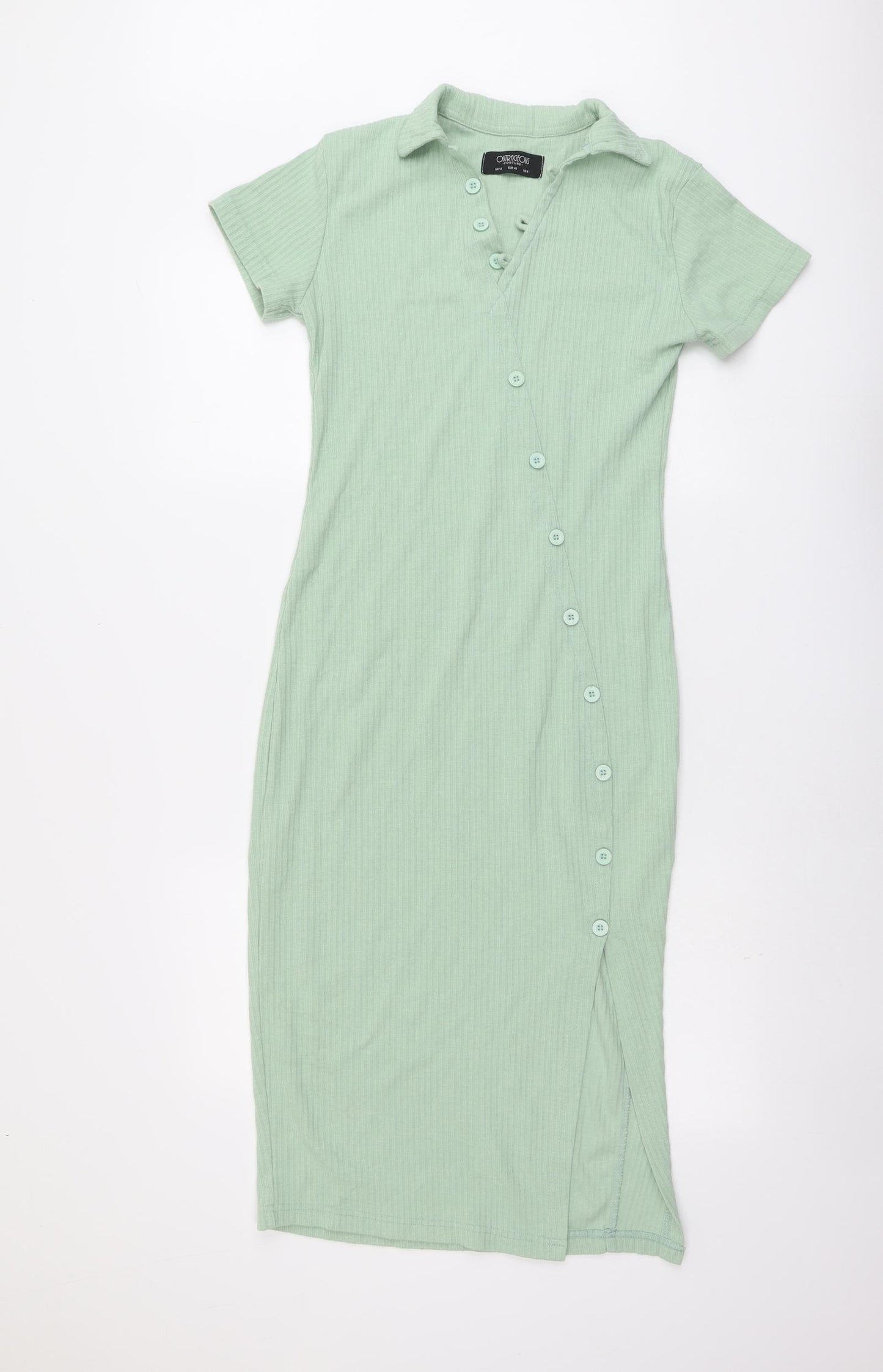 Outrageous Womens Green Cotton T-Shirt Dress Size 12 Collared Button