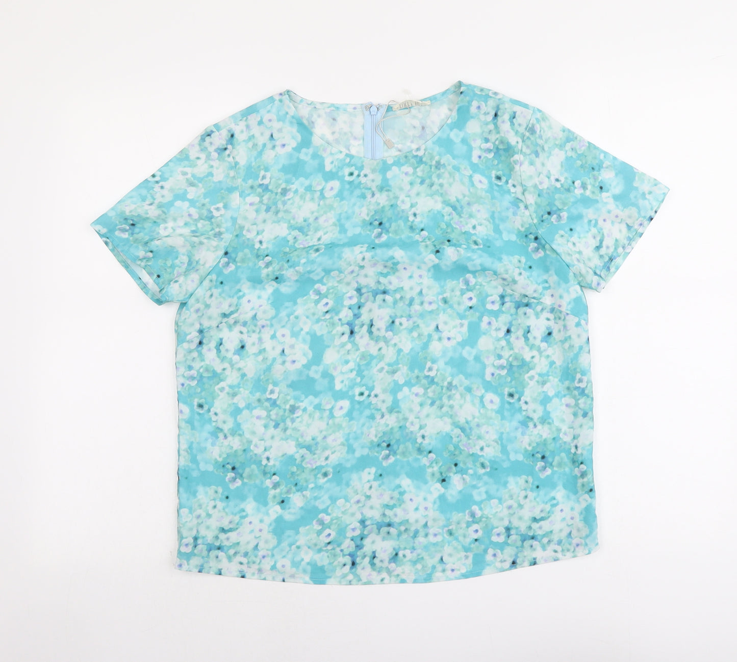 Poppy Lux Womens Blue Geometric Polyester Basic T-Shirt Size 12 Round Neck