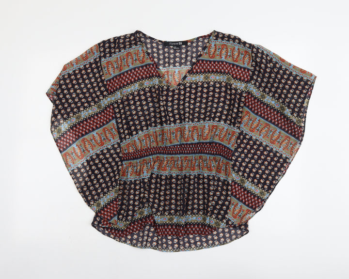 FOREVER 21 Womens Multicoloured Geometric Polyester Basic Blouse Size M V-Neck