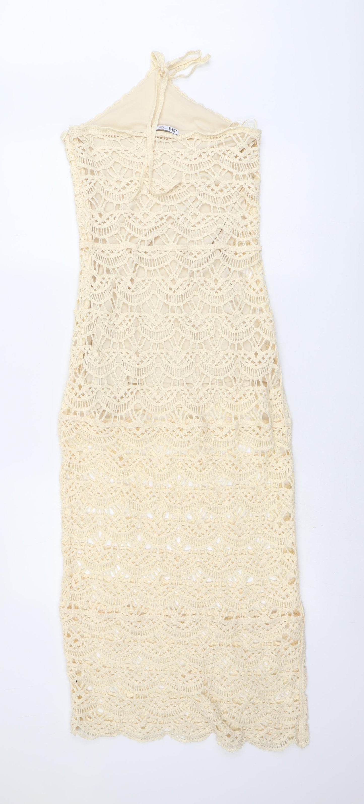 Zara Womens Beige Geometric Cotton Maxi Size M Halter Zip