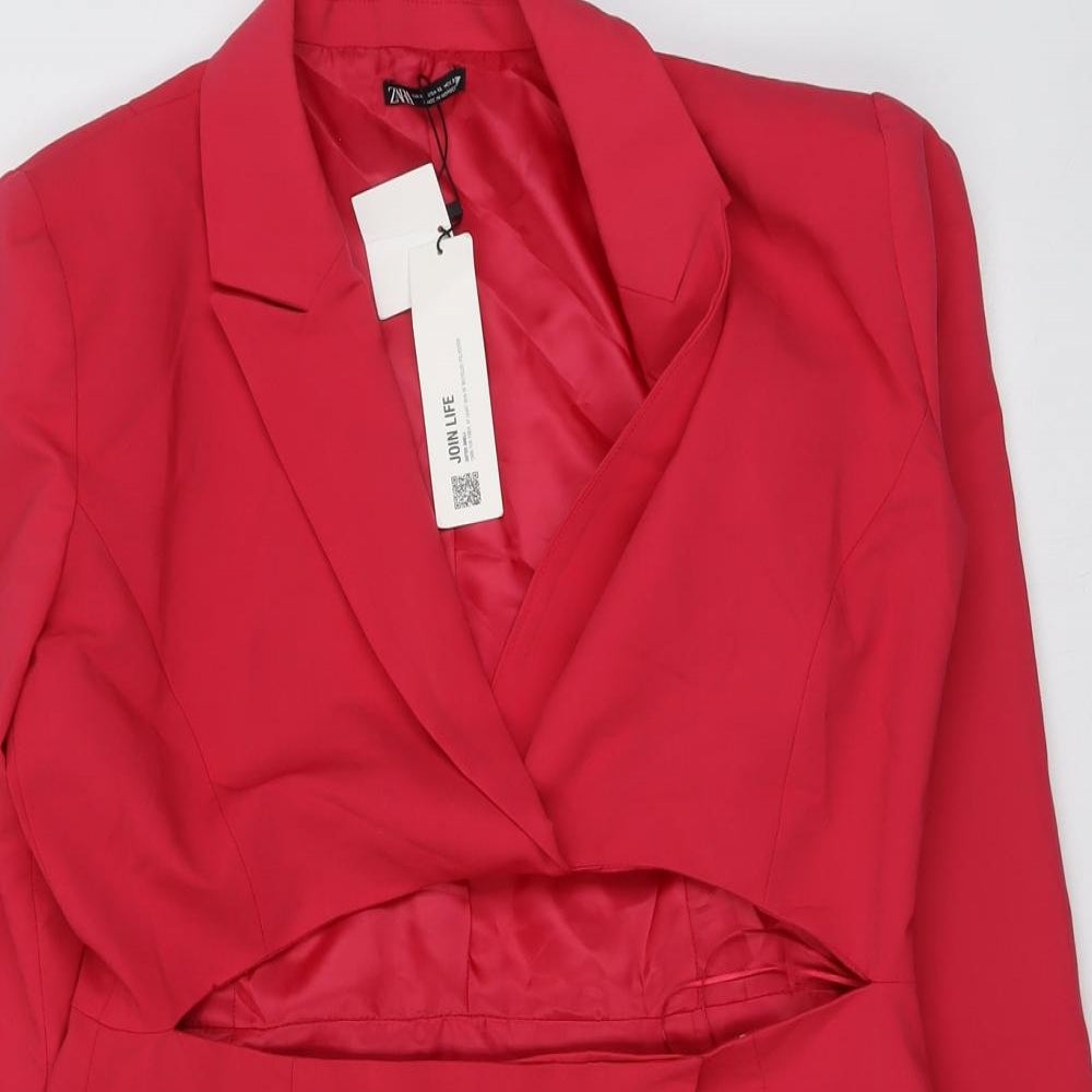 Zara Womens Pink Polyester Jacket Dress Size XL Collared Zip - Wrap Front Detail