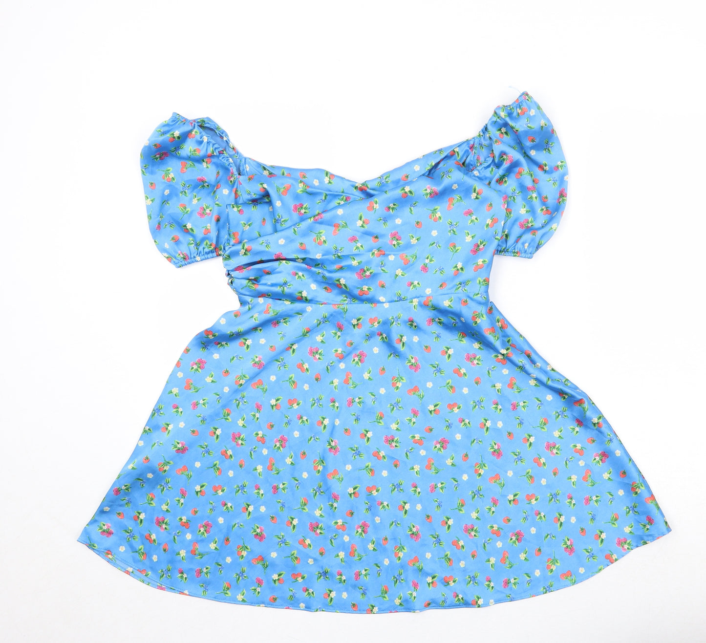 Zara Womens Blue Geometric Polyester Mini Size M V-Neck Zip - Strawberry Print