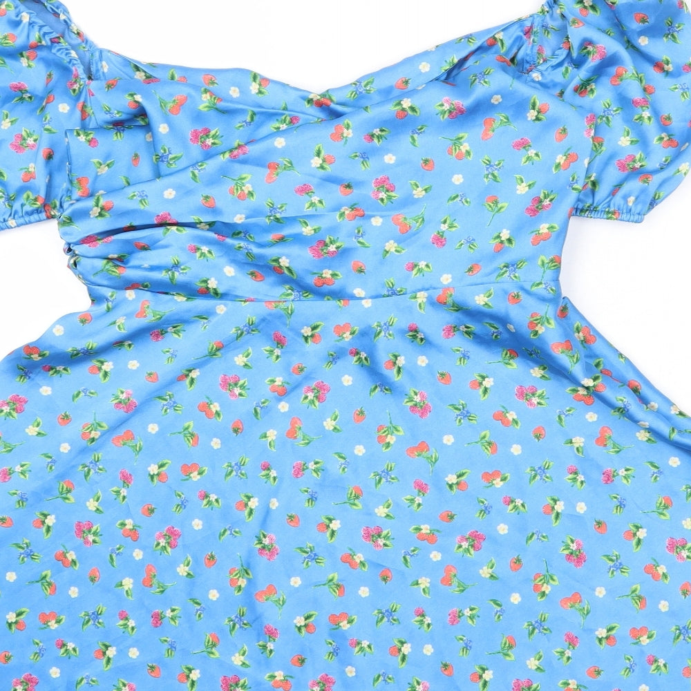 Zara Womens Blue Geometric Polyester Mini Size M V-Neck Zip - Strawberry Print