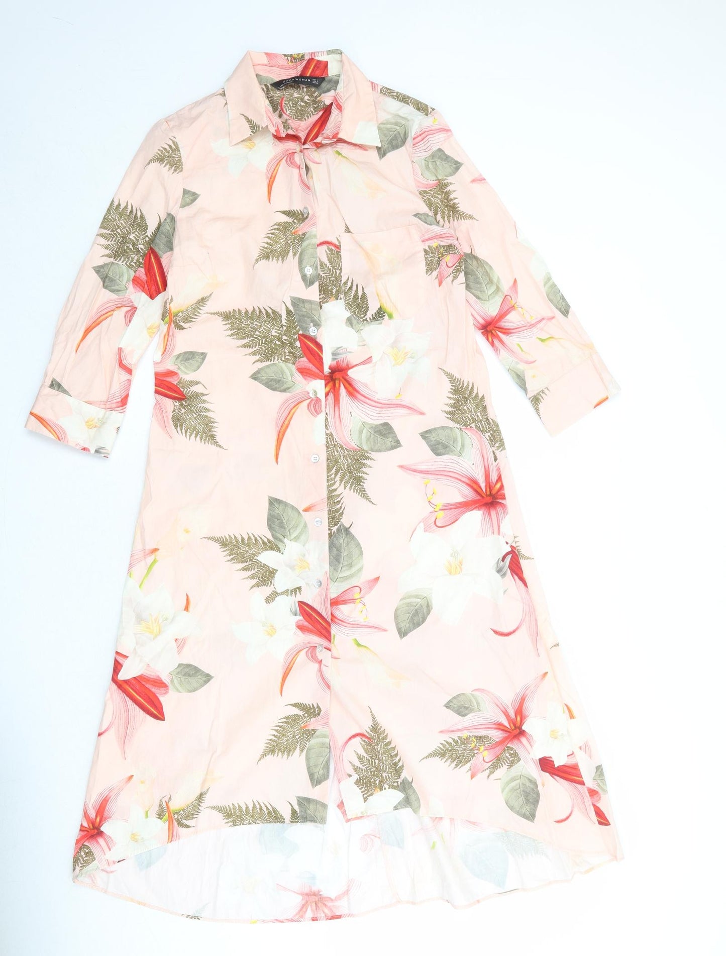 Zara Womens Pink Floral Polyester Shirt Dress Size S Collared Button
