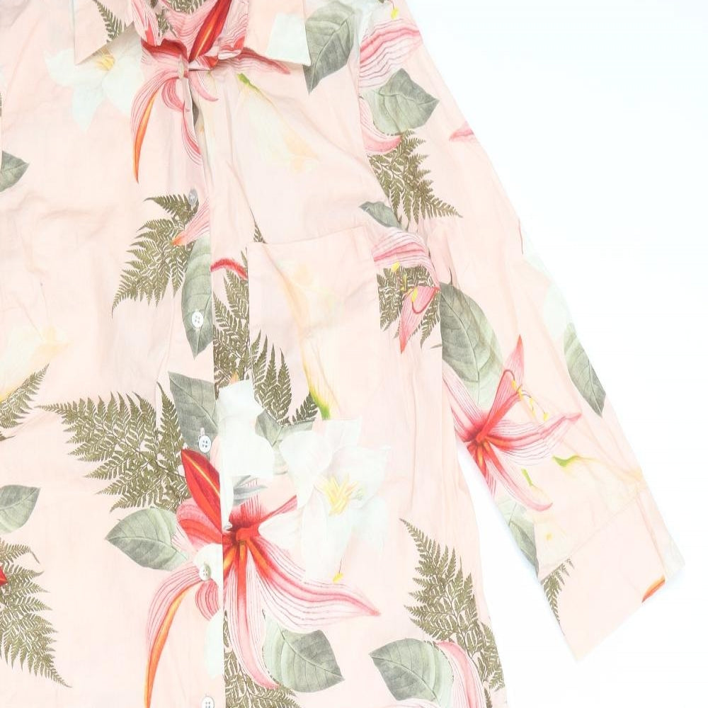 Zara Womens Pink Floral Polyester Shirt Dress Size S Collared Button