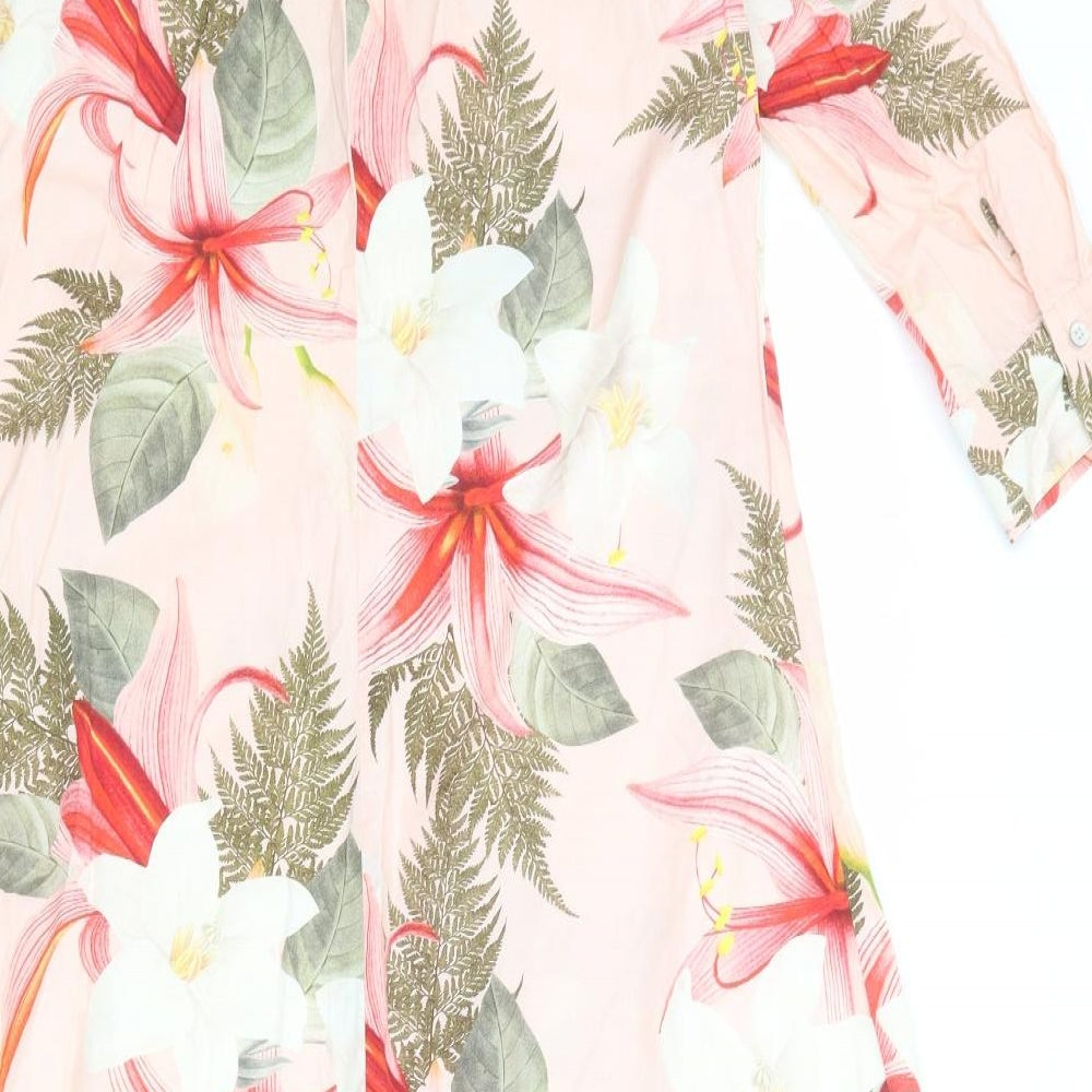 Zara Womens Pink Floral Polyester Shirt Dress Size S Collared Button
