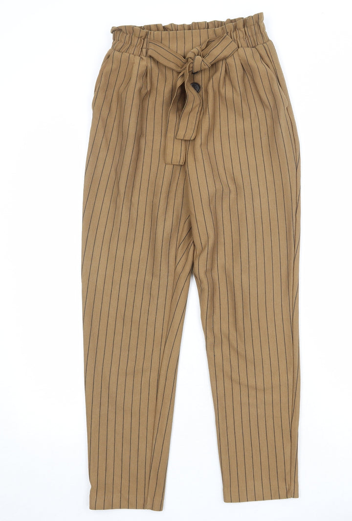 Stradivarius Womens Brown Striped Polyester Trousers Size S Regular - Tie Front Detail