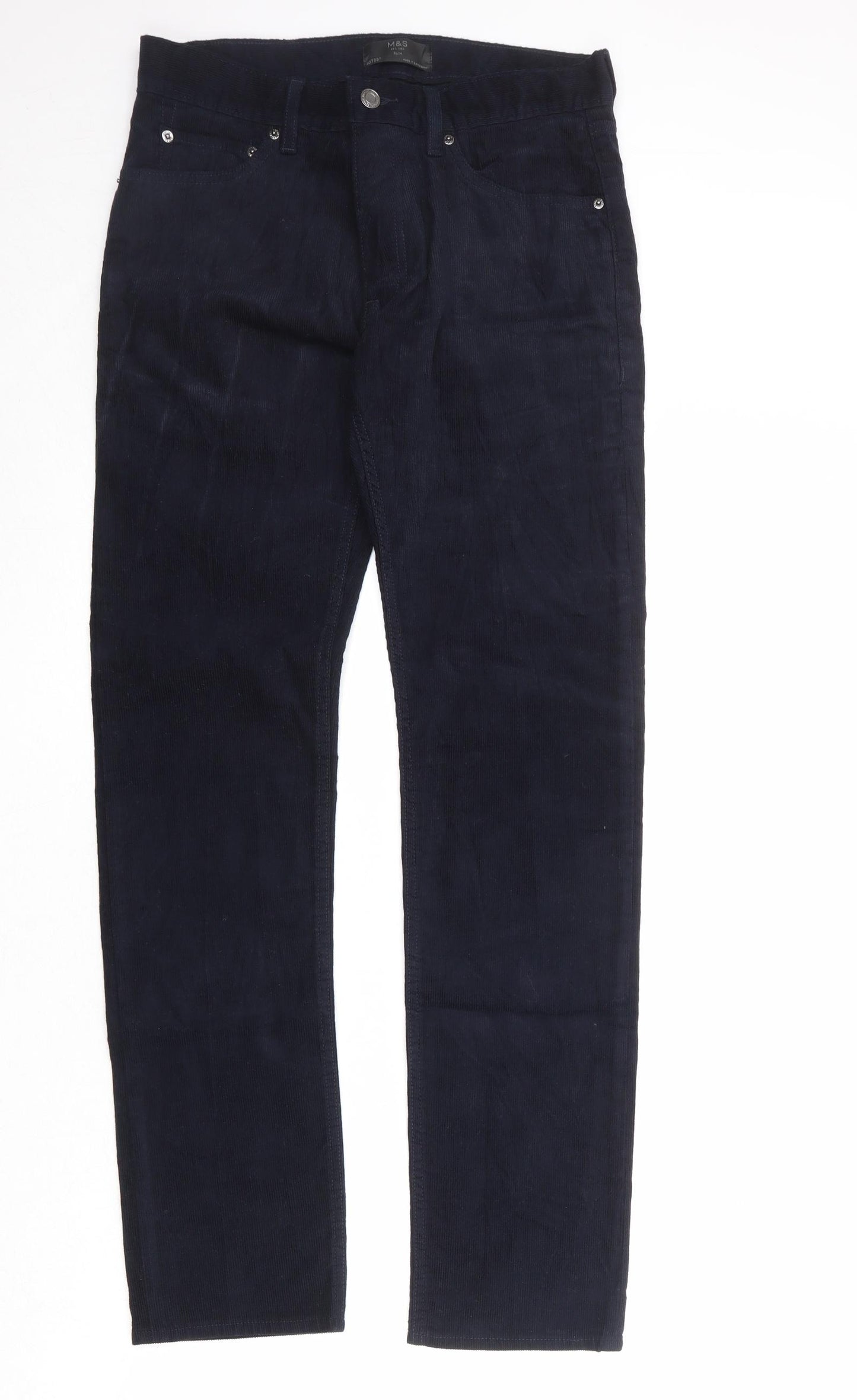 Marks and Spencer Mens Blue Cotton Trousers Size 30 in Slim Zip