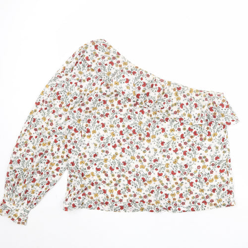 New Look Womens Ivory Floral 100% Cotton Basic Blouse Size 16 One Shoulder