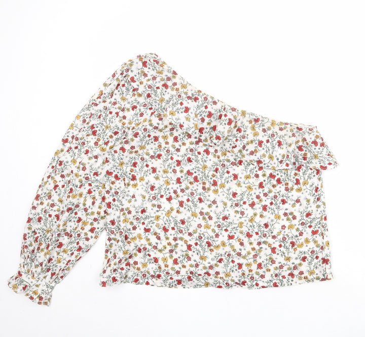 New Look Womens Ivory Floral 100% Cotton Basic Blouse Size 16 One Shoulder