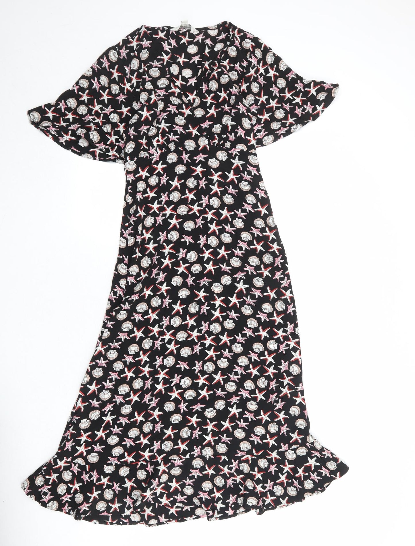 Marks and Spencer Womens Black Geometric Viscose A-Line Size 6 V-Neck Zip - Seashells Print
