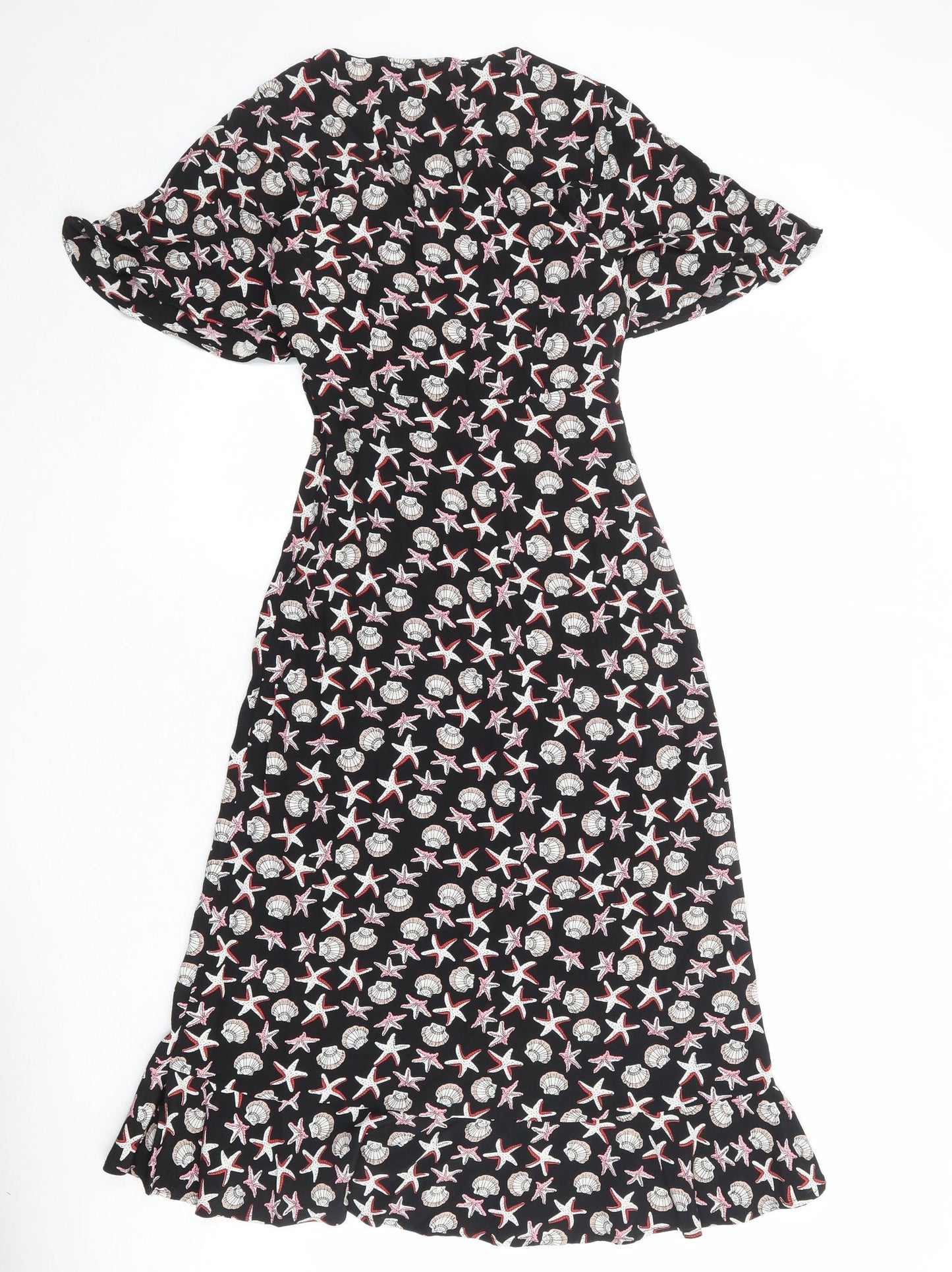 Marks and Spencer Womens Black Geometric Viscose A-Line Size 6 V-Neck Zip - Seashells Print